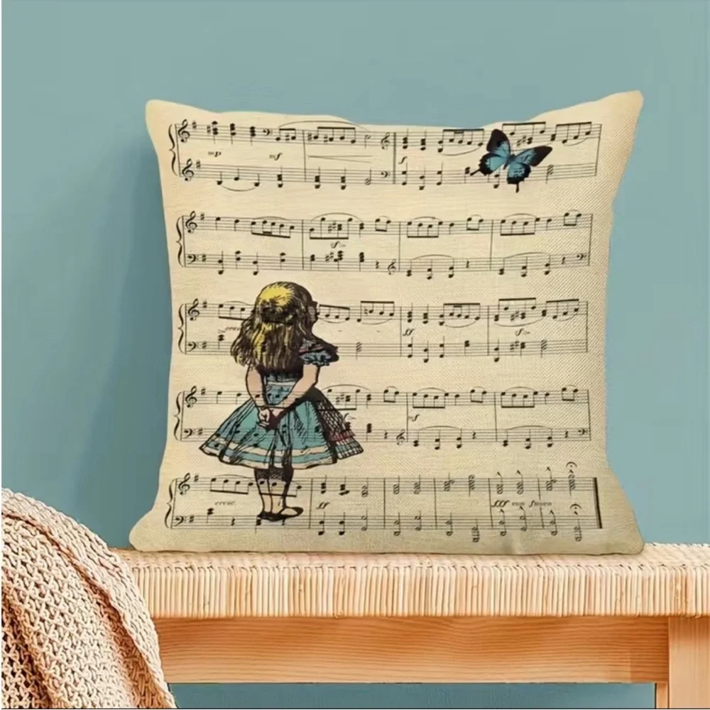 1Pc Girl And Butterfly Musical‎ Notes Throw Pillowcase  Single Print 17”x17”